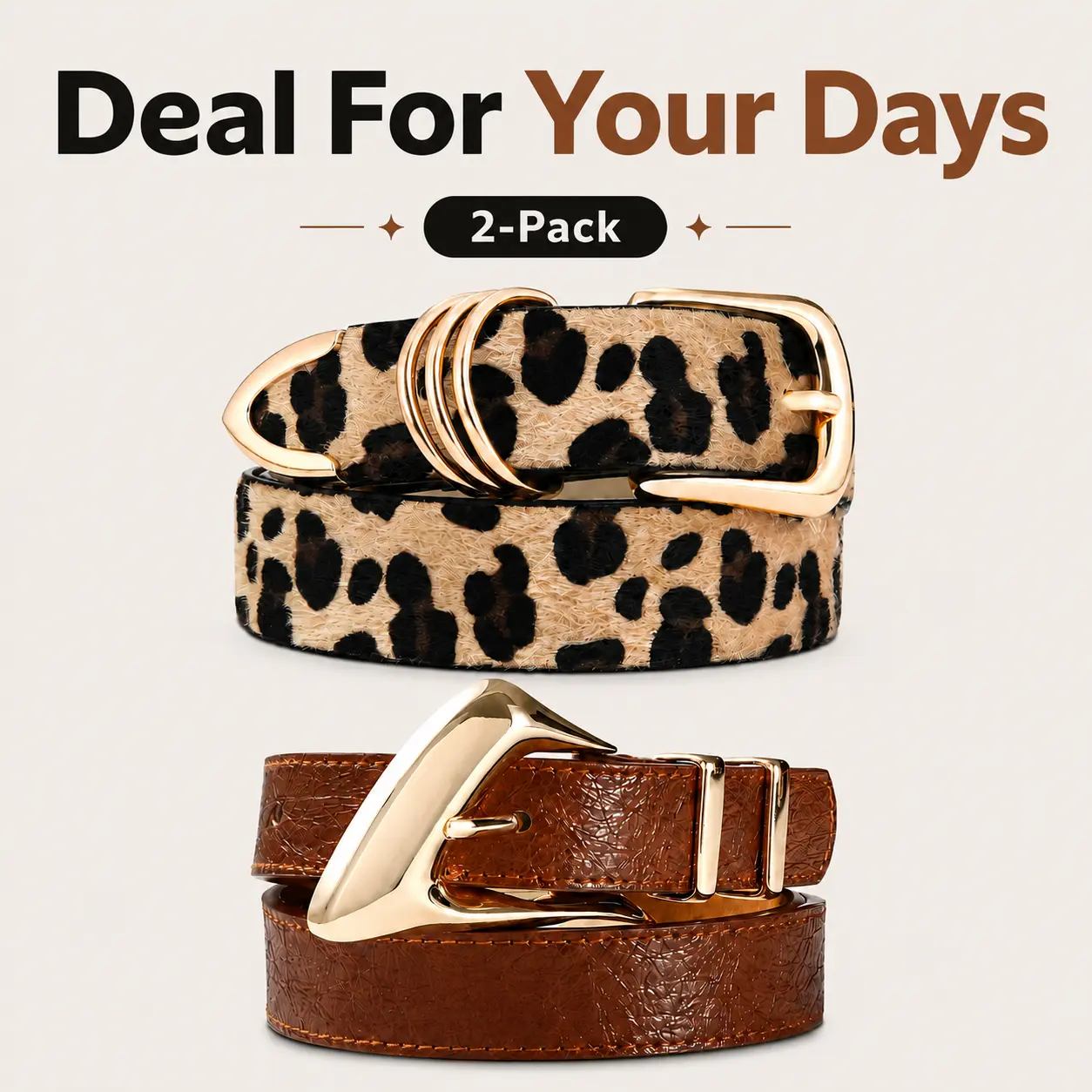 Risantry Women's 2-Pack Versatile Fashion Belts - Brown & Leopard Print, Gold Buckle Details, Adjustable Faux Leather, for Jeans, Dresses, Versatile Fashion Belt, Buckle Details Women's Belts