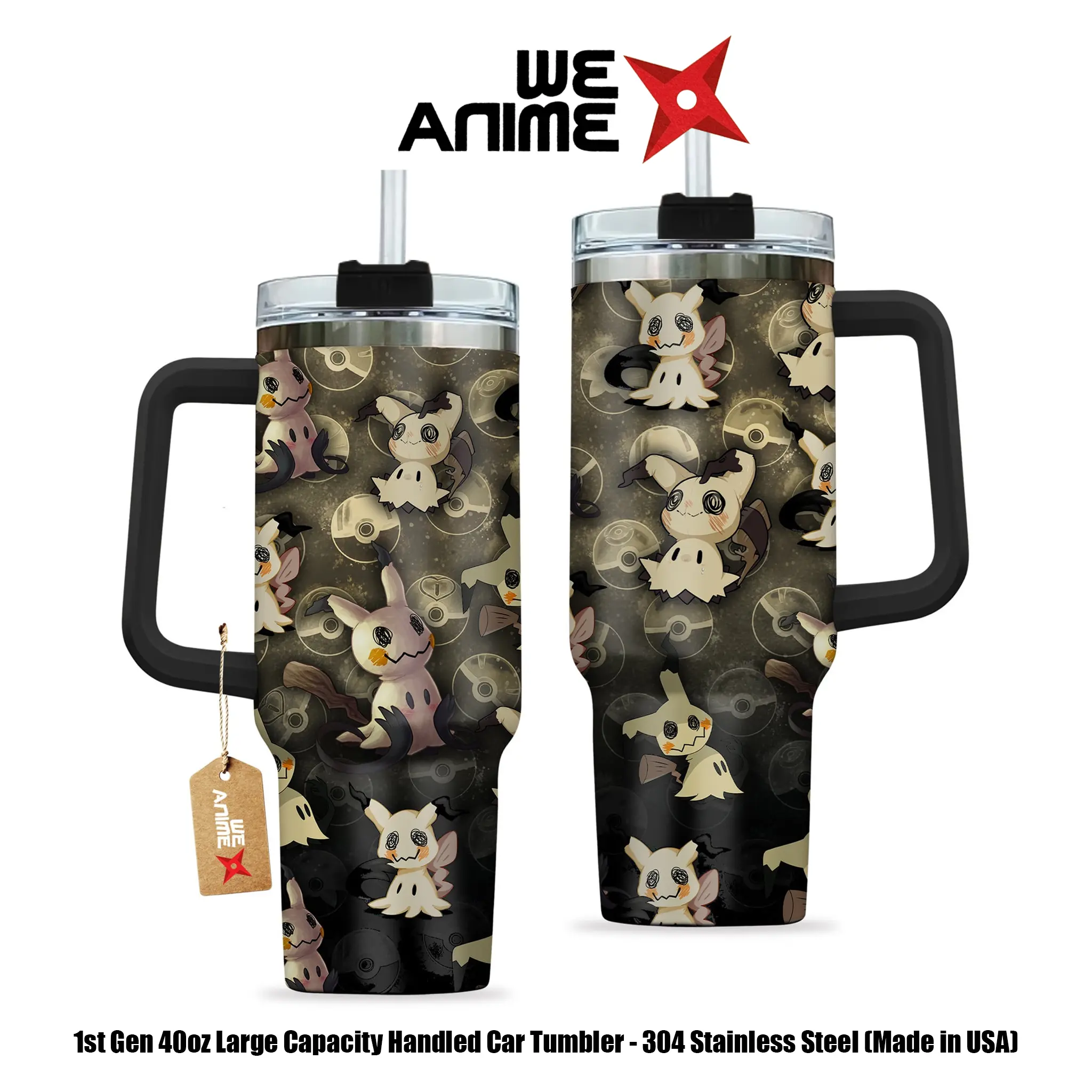 WEXANIME Collection Mimikyu Disguise Mimic Personalized 20oz/40oz Stainless Steel Tumbler with Handle, Double-Wall Vacuum-Insulated Travel Mug, Leak-Resistant Coffee Cup, Reusable Gift for Anime Fans