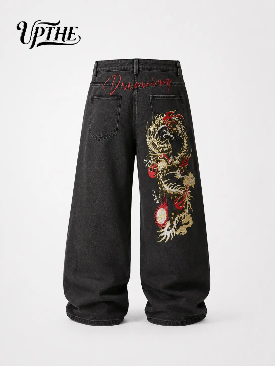 UP.THE Men's Jeans, Y2K Baggy Loose Casual Fit, Hip Hop Menswear with Dragon Embroidery, Button Detail, Classic Quality Casual Vibe, Black & Gray Wide Leg Bottoms Stylish