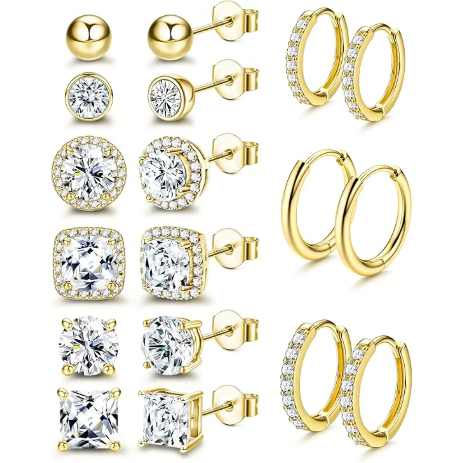 BESTEEL 18K Gold Plated Hoop Stud Earrings |  Sterling Silver Stud Earrings for Women Men  | Round Square Simulated Diamond Halo Stud Earrings| Silver Gold Earrings for Sensitive Ears