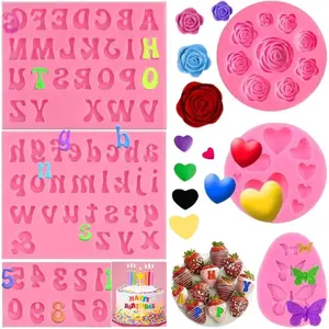 Letter Molds for Chocolate Covered Strawberries,6 Pcs Lowercase Uppercase Alphabet Number Silicone Mold Rose Flower Butterfly Fondant Molds for Cake Decorating Candy Gummy Cupcake