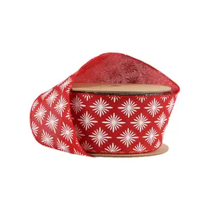 2 1/2" Wired Ribbon | White Square Flower on Red | 10 Yard Roll wreath making Christms tree decor