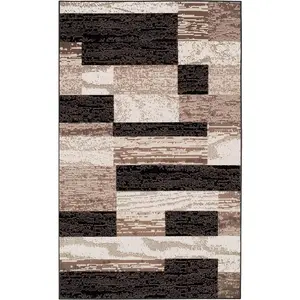 Indoor Area Rug, Jute Backed, Modern Geometric Patchwork Floor Decor for Bedroom, Office, Living Room, Entryway, Hardwood Floors, Rockwood Collection, 2' x 3', Chocolate