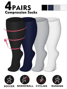 Unisex Plus Size Compression Socks 4-Pair Pack Compression Level: 20-30 mmHg Knee-High Design Ideal for Running, Athletic Performance & Recovery 4-Pair Set Promotes Blood Circulation Sporty Style