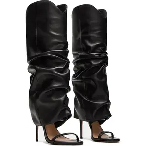 Slouchy Knee High Boots for Women Open Toe High Heel Sandals Boots Pull On Long Fashion Stiletto Heeled Boots Black Design Footwear Elegant outdoorfun