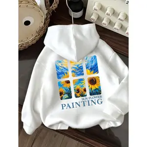 Women's Van Gogh-Inspired Sunflower Oil Hoodie - White Casual Sweatshirt with Blue & Yellow Art Print, Pocket & Drawstring Hood, Fall/Winter Warmth, Machine Washable Van Gogh Style Sweater (No Fabric Dye)