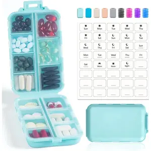 14 GRIDS Travel Pill Organizer Box with Labels - Pocket Daily Pharmacy Container - Travel Medication Holder Dispenser for Fish Oil Vitamin Supplement Storage