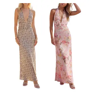 Women Long Dress, Sleeveless Halter Dress Backless Flower/Dots Print Summer Cocktail Dress Womenswear Feminine Formal Light