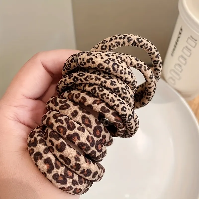 10 Pcs Women's Fashion Style High Elastic Leopard Print Hair Bands, Vintage Ponytail Bun Elastics, Versatile Daily Use Hair Ties, Scrunchies For Hair, Hair Accessories