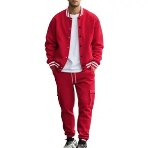 Men’s windproof stand-collar baseball jacket, fleece-lined long pants set, loose-fit casual sportswear for fall and winter