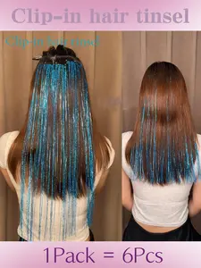 22 Inch Clip in Hair Tinsel, 6 Pcs of Pack, Glitter Tinsel Hair Extensions Party Dazzle Colorful Hair Accessories Strands Kit for Women Girls Kids.