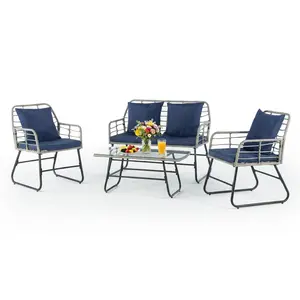 Sweetcrispy 4 Piece Outdoor Patio Wicker Furniture Set Rattan Conversation Set with Tempered Glass Coffee Table & Soft Cushions for Backyard Balcony Pool Deck