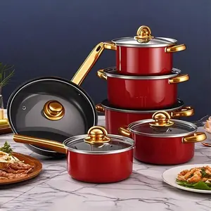 12-Piece Stainless Steel Cookware Set-Wire Handle Pot Set Stainless Steel Wire Handle Milk Pot Stainless Steel Soup Pot Steamer Set With Glass Lids, Versatile Kitchen Pots And Pans Collection Red