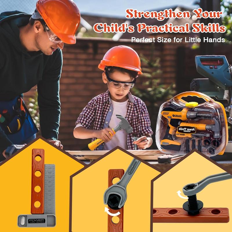 Kids Tool Set with Toolbox & Electronic Drill, Pretend Play Construction Kit for Toddlers 3-5, Toys for Boys Ages 4-6, Kitchen Mama Toy Tools Included