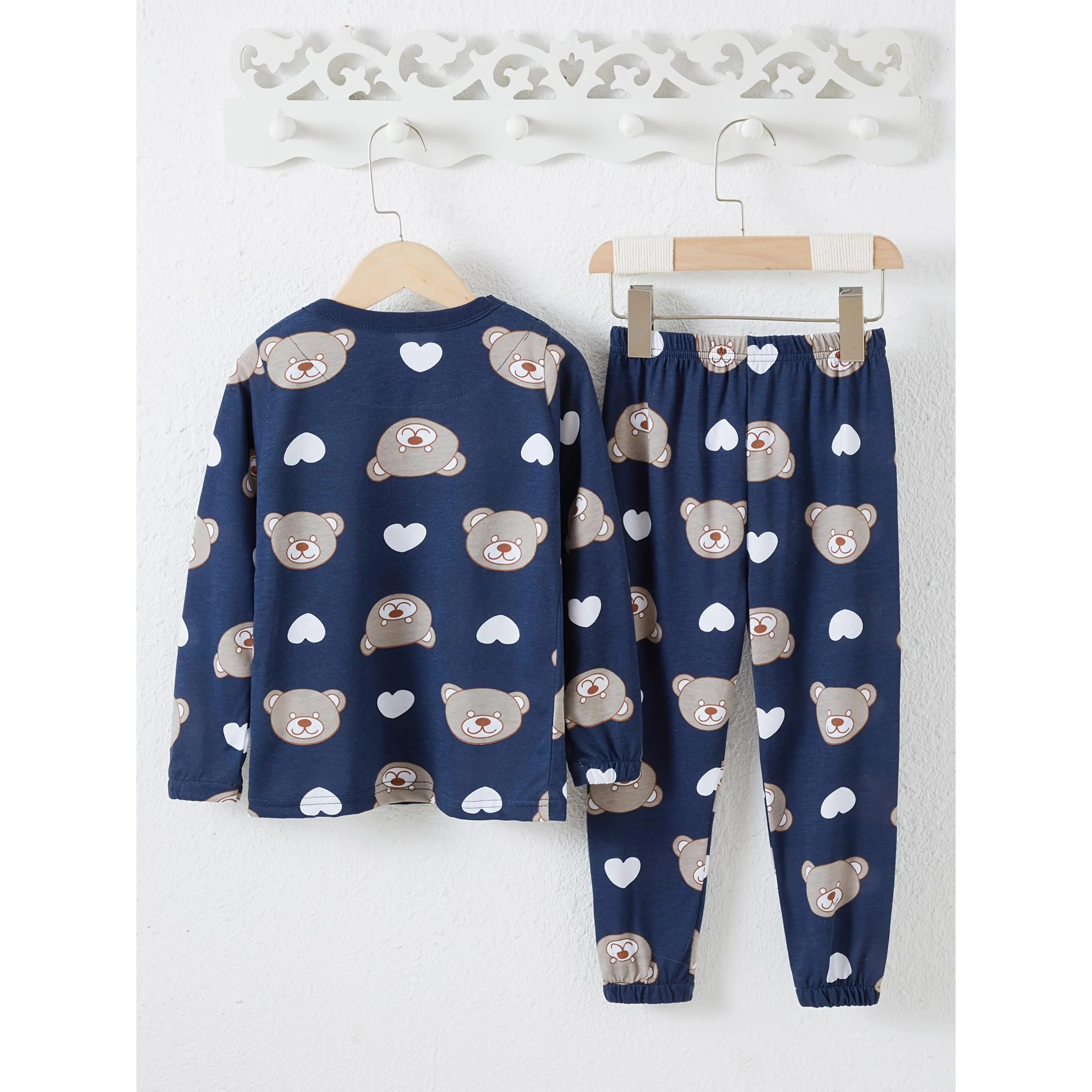 Boys' 100% Cotton Pajama Set - Long Sleeve Stretch Knit Top & Pants Loungewear with Cartoon Bear Print, Pure Cotton Clothing for Kids Ages 1-8, Hand Wash Only, Animal Print, 2-3Y, 1-2Y