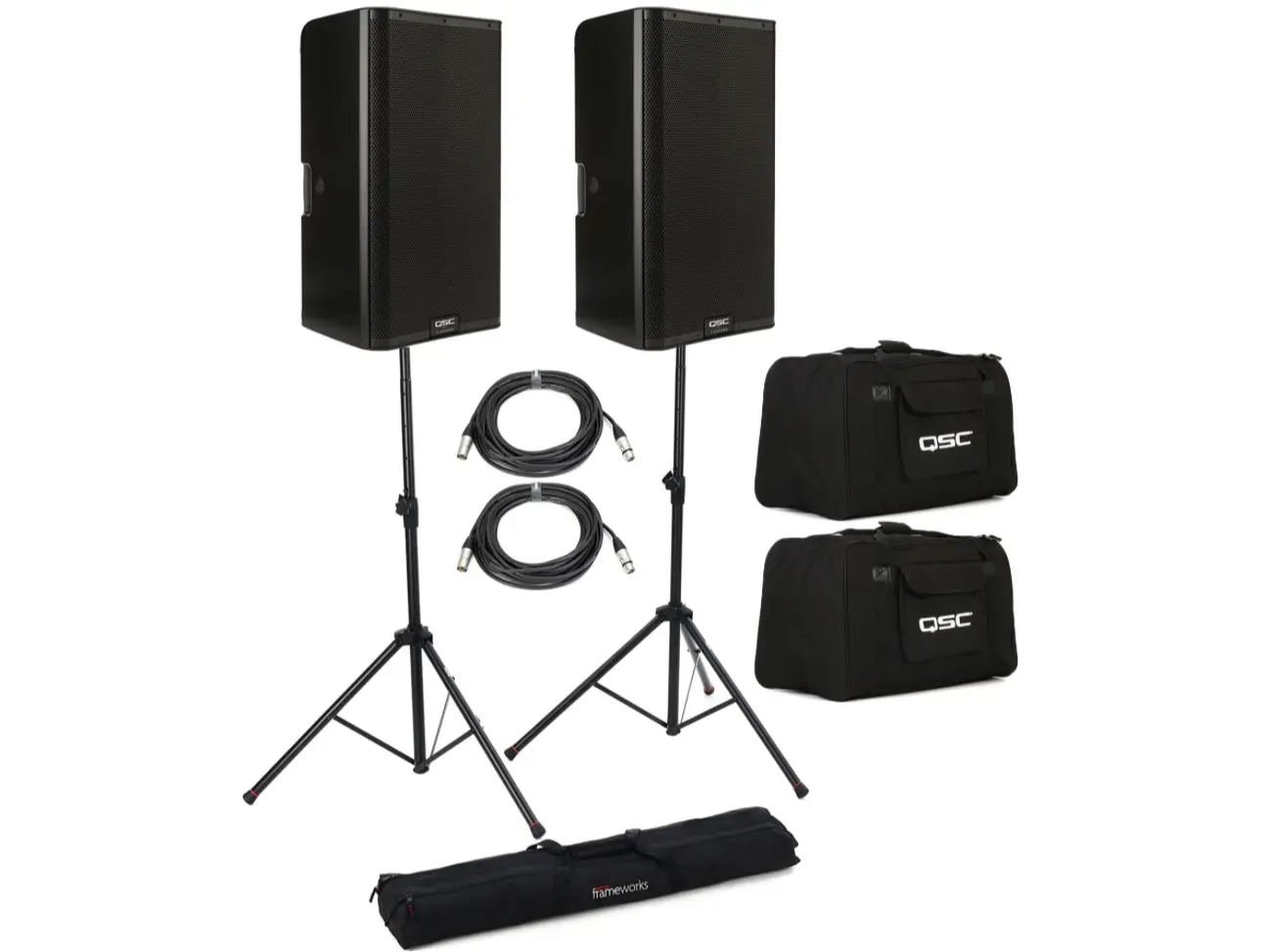 QSC Professional Audio System with 2 Speakers, Stands, Cables, and Cases for Superior Sound Quality