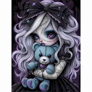 Gothic Stitched Doll Girl Teddy Bear Purple Velvet Bow Dark Fantasy Halloween 5D Full Drill Diamond Pattern Design Diamond Painting Kit Creepy Cute Big Eyes Art DIY Cross Stitch Mosaic Craft Spooky Aesthetic Home Wall Decor Handmade Gift