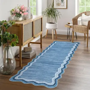 Garvee Solid Color 2x6 Runner Rug - Non Slip, Stain Resistant, Low Pile Area Rug for Hallway, Kitchen, Bathroom, Bedroom, Entryway, Laundry Room - Modern Scalloped Design in Blue