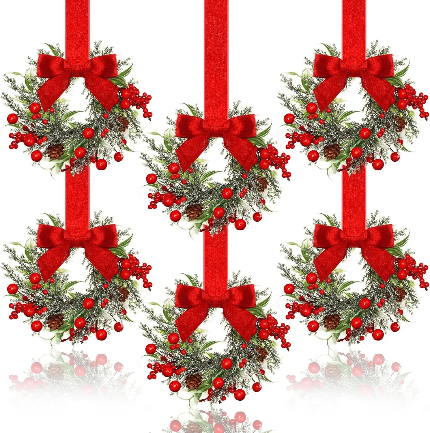 Dingion 6 Pcs 6" Christmas Mini Cabinet Wreaths for Kitchen with Ribbon | Small Christmas Wreath with Red Ribbon Bows Berry Pinecone for Window Door Farmhouse Xmas Party Decorations