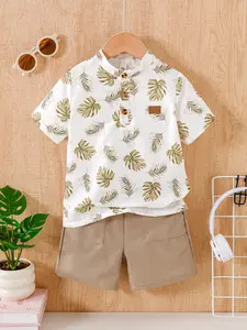 Boys' Short Pants Set Leaf Print Top & Elastic Waist Shorts, Summer Casual Comfortable Sportswear for Outdoor Activities