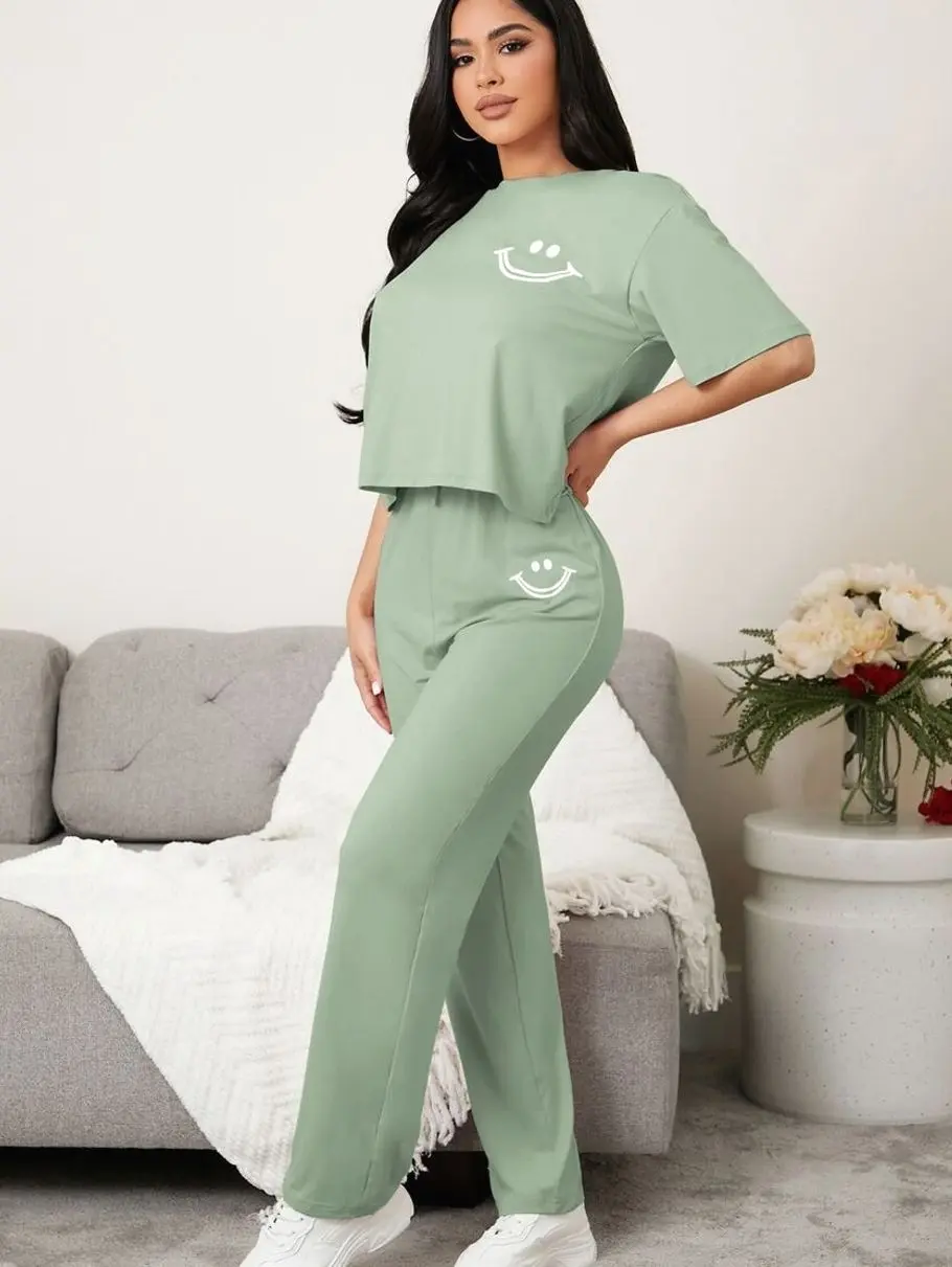 Cartoon Graphic Drop Shoulder Tee and Pants Set - Cozy Oversized Loungewear Pajama Outfit
