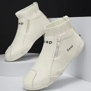 Men’s High-Top Sock Sneakers with Side Zipper – Cream White Casual Walking Shoes, Lightweight Breathable Ankle Boots, Soft Knit Collar Fashion Sneakers for Daily Wear, Travel & Street Style
