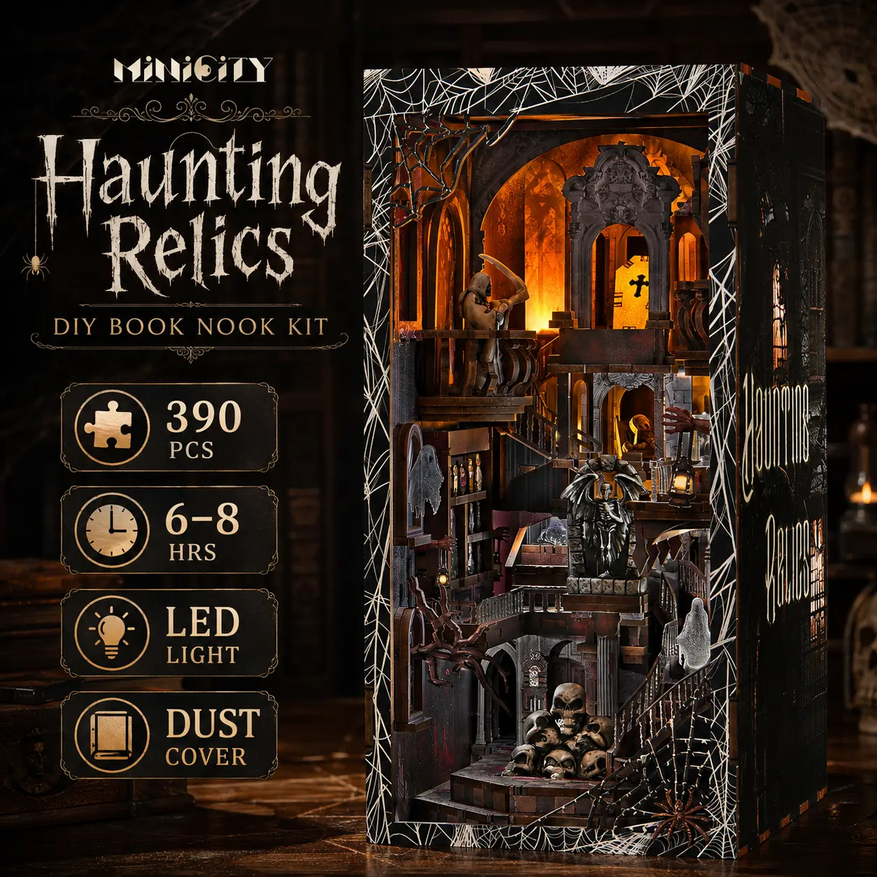 MiniCity Haunting Relics Book Nook Kit, DIY Miniature Dollhouse Bookshelf Insert with LED Light, Gothic Haunted House 3D Wooden Puzzle, Halloween Bookshelf Decor Gift for Adults and Teens