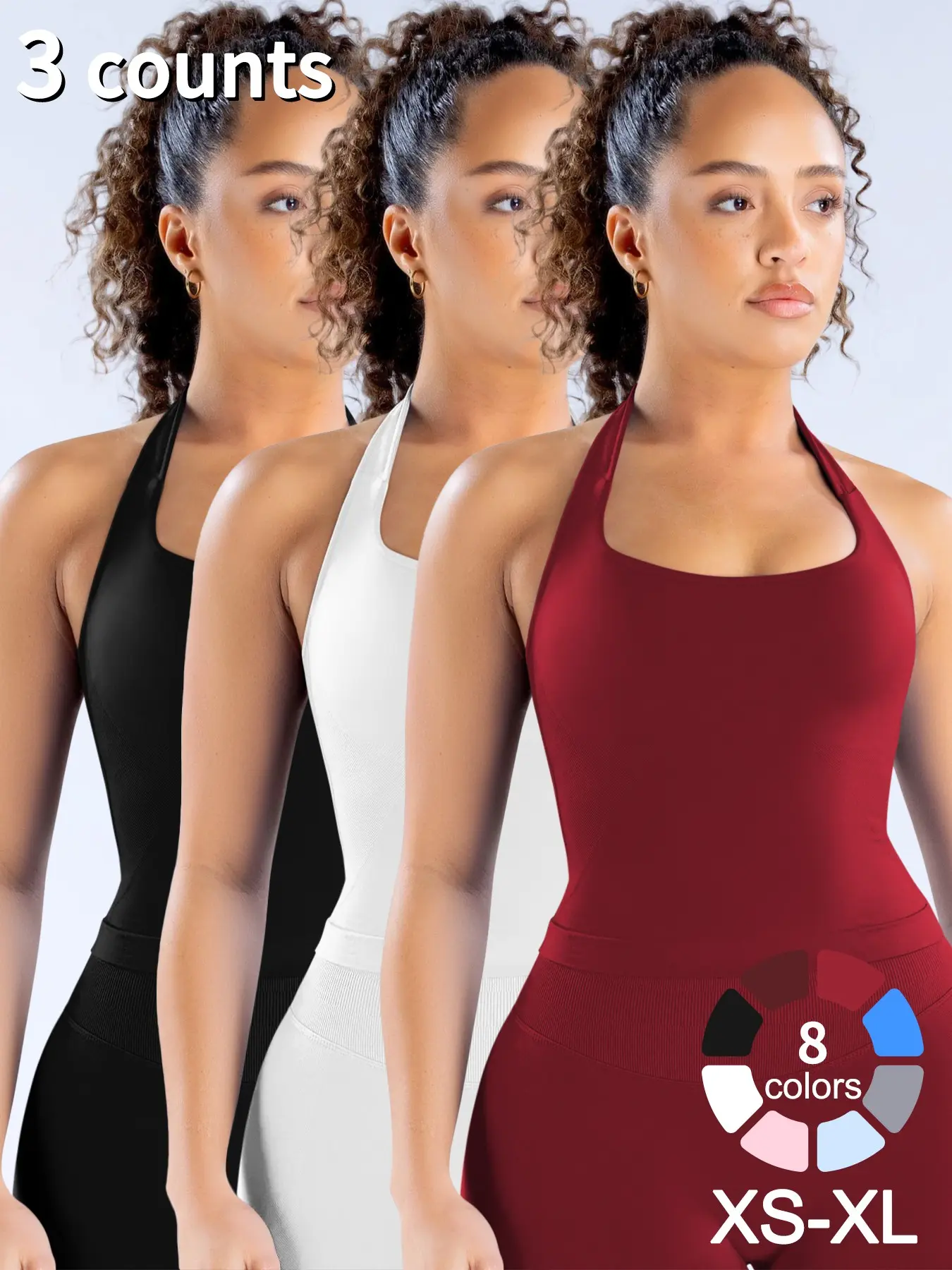 3 Pcs Women's Yoga Halter Neck Tank Top with Removable Pads, Three-Layer Seamless Backless Tank Tops Casual Solid Color Soft All Seasons Wear Gym Top, Fitness Top, Gym Apparel, Activewear For Yoga, Exercise Activewear, Fitness Seamless Design