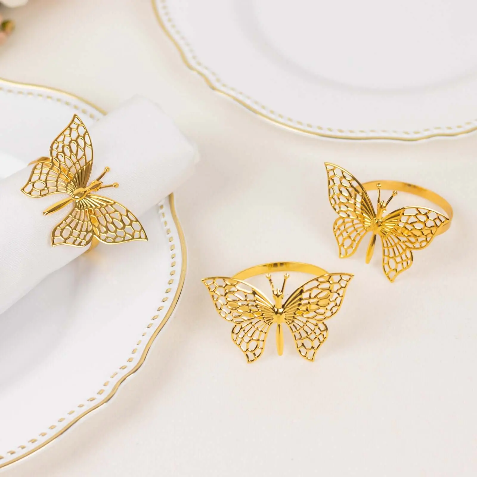 4 Pack Metallic Gold Laser-Cut Butterfly Napkin Rings - Decorative Cloth Napkin Holders for Tableware, Dinnerware