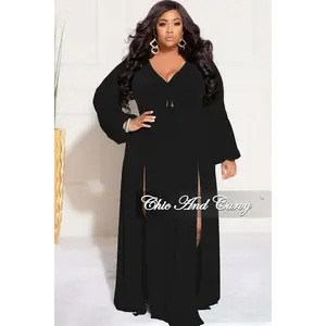 Final Sale Plus Size Ruched Maxi Dress with Double Slits in Black