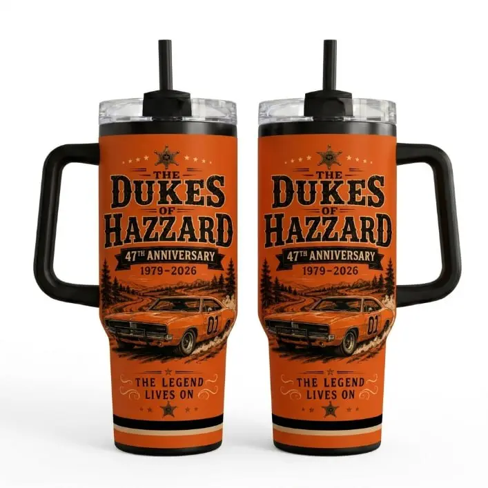 The Dkes 0f H@zzard 47th Anniversary Tumbler 30oz 40oz With Handle, Orange Classic TV Show Fan Cup With Retro Car Graphic, Vintage Americana Gift, Not Including The Straw Water Bottles Drinkware