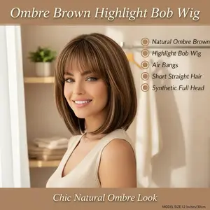 Natural Look Gradient Brown Bob Wig with Highlights Air Bangs Short Straight Synthetic Full Wig for Everyday Style