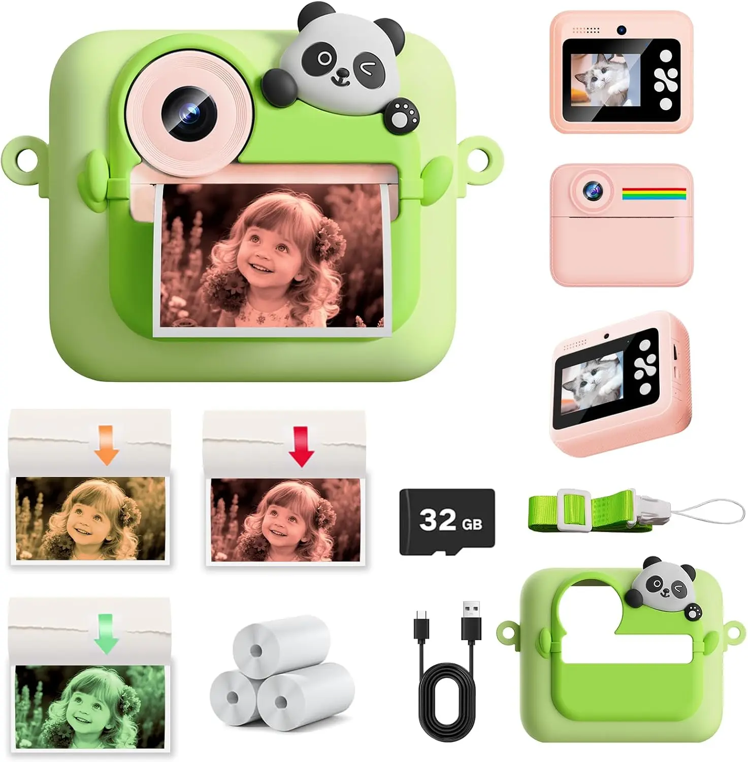 Kids Camera Instant Print with Color Printing Paper and Protective Case 32GB Card, Front Rear Dual Selfie Kids Camera with 1080P Videos, Christmas Birthday Gifts for Girls and Boys Age 3-12 (Pink)