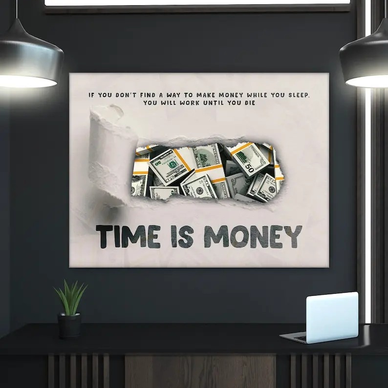 Time Is Money Quote Motivational Wall Art, Investor Office Decor Millionaire Investing Poster, Money Never Sleeps PRINTABLE, Finance Sign