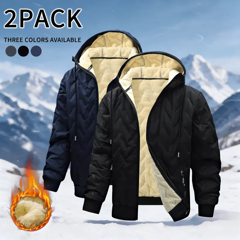 Men's Stylish Fleece Lined Hooded Winter Jacket - Long Sleeve, Quilted Outer Shell, Full Zip Warm Outerwear, Drawstring Hood Design for Adult Men, Great for Cold Weather Commute, Ski Trips & Outdoor Winter Activities