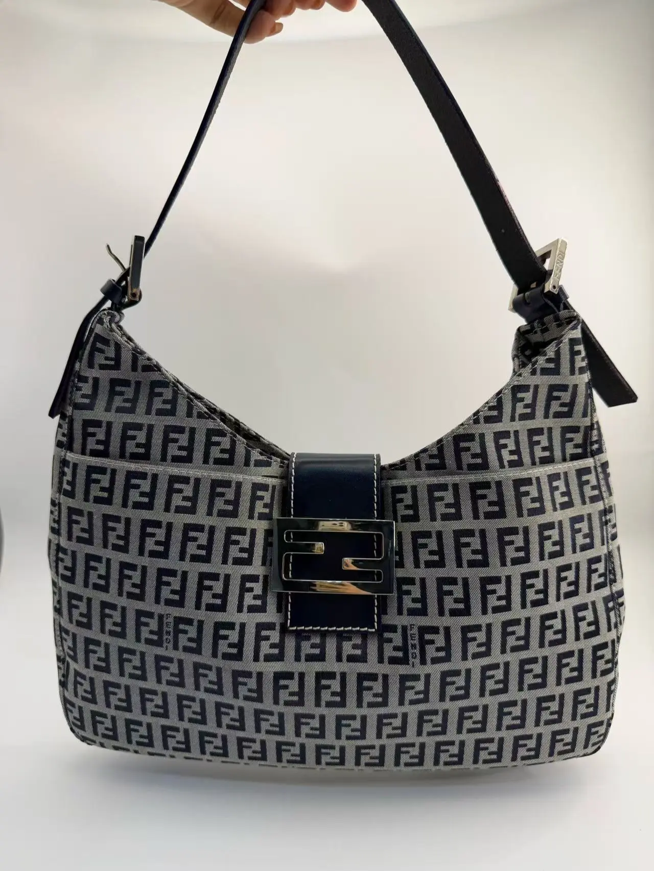 Pre-owned FENDI Zucca Blue & Silver Rare Color Underarm Hobo Shoulder Bag, Hobo Under Arm Bag