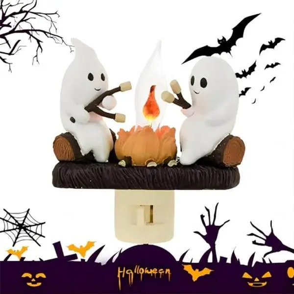 Breamies Ghost Campfire Flickering LED Night Light - 3D Small Electric Faux Campfire, Halloween Decor, Indoor Lighting Gift for Horror Enthusiasts