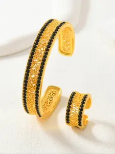Women's Elegant Hollow Out Flower Design Cuff Bangle & Ring, Exquisite Trendy Bracelet & Ring, Fashionable Jewelry Set for Women As Gift, Matching Jewelry Set