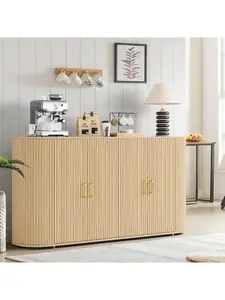 Gaomon 63" Minimalist Home Decor Credenza Buffet Sideboard Cabinet - Curved Edges, Fluted Face, Wood Texture, Adjustable Shelves, Wall Fixer, Storage Console for Living Room, Dining Room