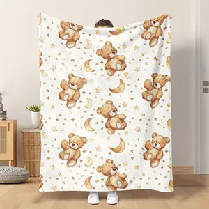 Watercolor Teddy Bear Moon Star Print Soft Cozy Flannel Blanket Warm Fuzzy Plush Throw Perfect Baby Shower Birthday Christmas Gift for Newborn Baby Kids Toddlers Boys Girls Nursery Bedroom Sofa Home Decor