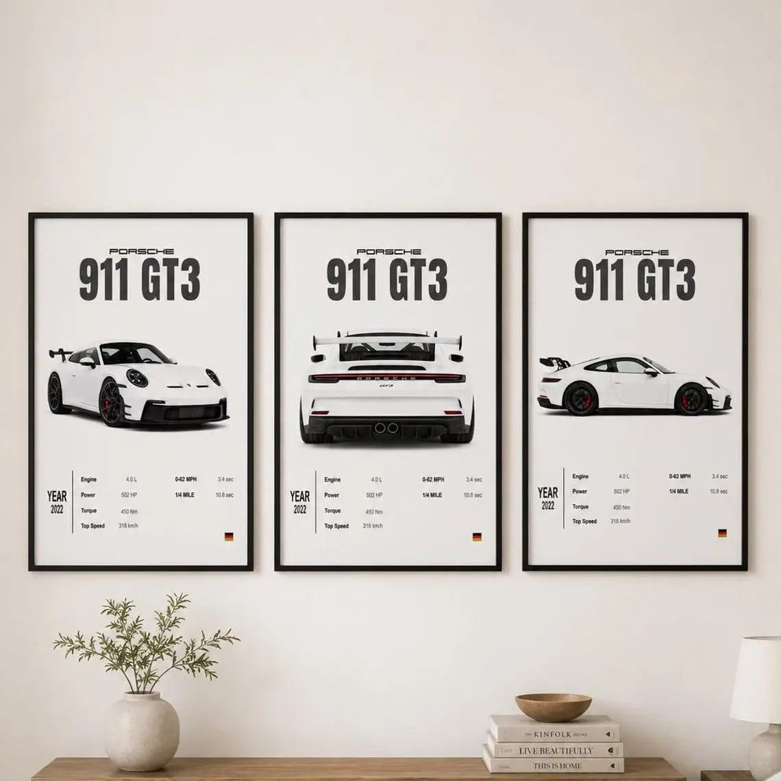 Porsche 911 GT3 Poster Set of 3 | Car Spec Print| Sports Car Wall Art | Garage Decor | Boys Room Print | Printable Art