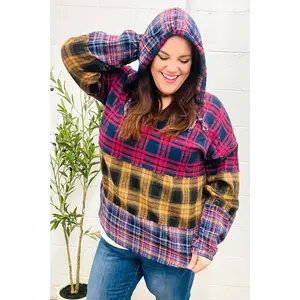 Holiday Ready Red & Mustard Plaid Notched Neck Flannel Hoodie