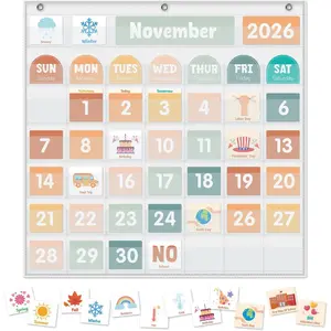 Large Calendar Pocket Chart with 115 Cards, Classroom Weather Learning Pocket Chart for Home Kindergarten Learning (White)