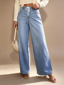 Women's Casual Adjustable Cinch High-Waist Band Jeans Summer Lightweight Wash Denim Trousers Elongated Fluid Wide-Leg Slouchy Straight Long Pants Garment for Relaxed Daily Life