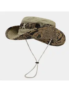 European and American fashion printed wide-brimmed fisherman hat for men and women, washed and distressed western-style cowboy sun hat for outings