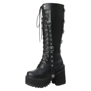 Women's Punk Gothic Combat Boots Chunky Heel Black PU Leather Lace-Up Mid-Calf for Trendy Outfits
