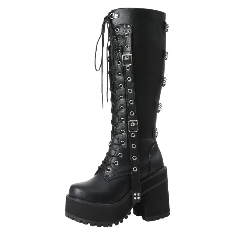 Women's Punk Gothic Block Chunky Heel Black Leather & Faux Leather Lace-Up Mid-Calf Fashion Booties, All-Seasons Statement Shoes, Durable and Fashionable for Trendy Casual Outfits, Block Heel, Round Toe, Alternative Style, Boot Heels, Footwear