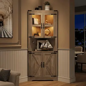 67 Inch Tall Corner Storage Cabinet with Lights, Farmhouse Corner Hutch Display Cabinet with Glass Doors, Wooden Corner Organizer with Adjustable Shelf for Kitchen Living Room Bathroom Laundry Room in Multiple Finishes