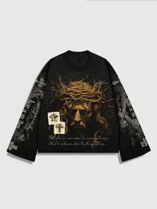 American Jesus Thorn Crown Graphic Long Sleeve T-Shirt, Vintage Cross Design, Unisex Streetwear, Loose Fit, Spring & Fall Fashion