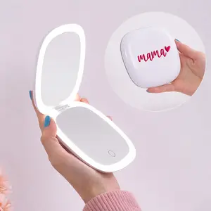 Mama Compact Mirror  Heart Design LED Makeup Mirror, Gift for Mom, Travel Lighted Pocket Mirror, Mother’s Day Gift